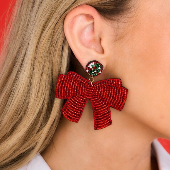 Christmas Ribbon Seed Beaded Statement Gift Red Bow Earrings NEW - Picture 1 of 4
